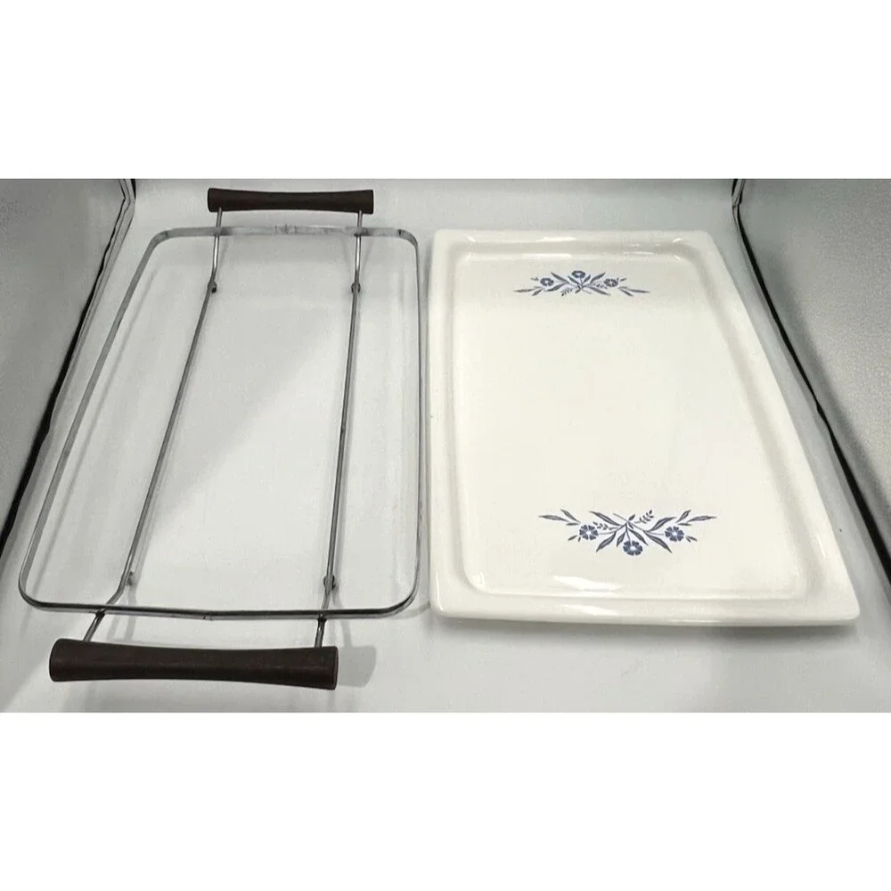 Vtg Corning Ware Blue Cornflower Broil Bake Tray P-35-B w/ Cradle 16x10 Roaster